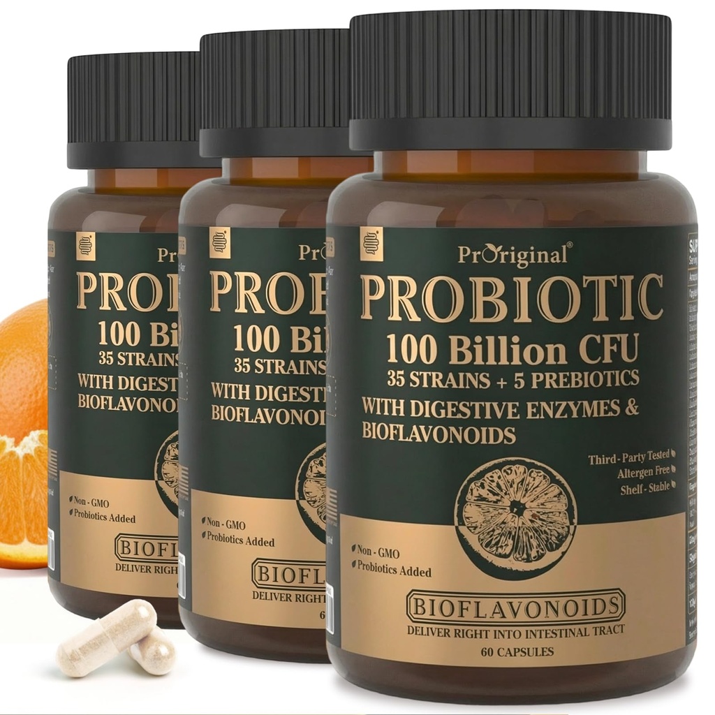 Organic Probiotika til kvinder & mænd, 100 milliarder CFU Probiotika til fordøjelsessygdomme, Gut & immunforsvar - med Prebiotika, Bioflavonoider & fordøjelsesenzymer, 35 Staints Raw Probiotic Supplement, 180 Caps