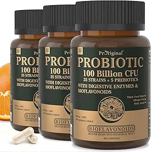 Organic Probiotika til kvinder & mænd, 100 milliarder CFU Probiotika til fordøjelsessygdomme, Gut & immunforsvar - med Prebiotika, Bioflavonoider & fordøjelsesenzymer, 35 Staints Raw Probiotic Supplement, 180 Caps