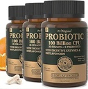 Organic Probiotika til kvinder & mænd, 100 milliarder CFU Probiotika til fordøjelsessygdomme, Gut & immunforsvar - med Prebiotika, Bioflavonoider & fordøjelsesenzymer, 35 Staints Raw Probiotic Supplement, 180 Caps