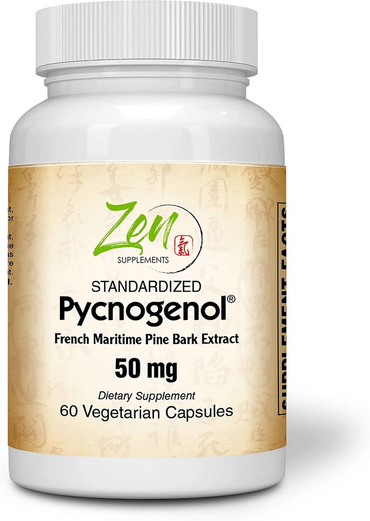 Zen Supplements Pycnogenol 50mg - Standardiseret fransk maritim Pine Bark ekstrakt for antioxidant & inflammation support - non-GMO, Gluten & Soy Free 60- Vegcaps