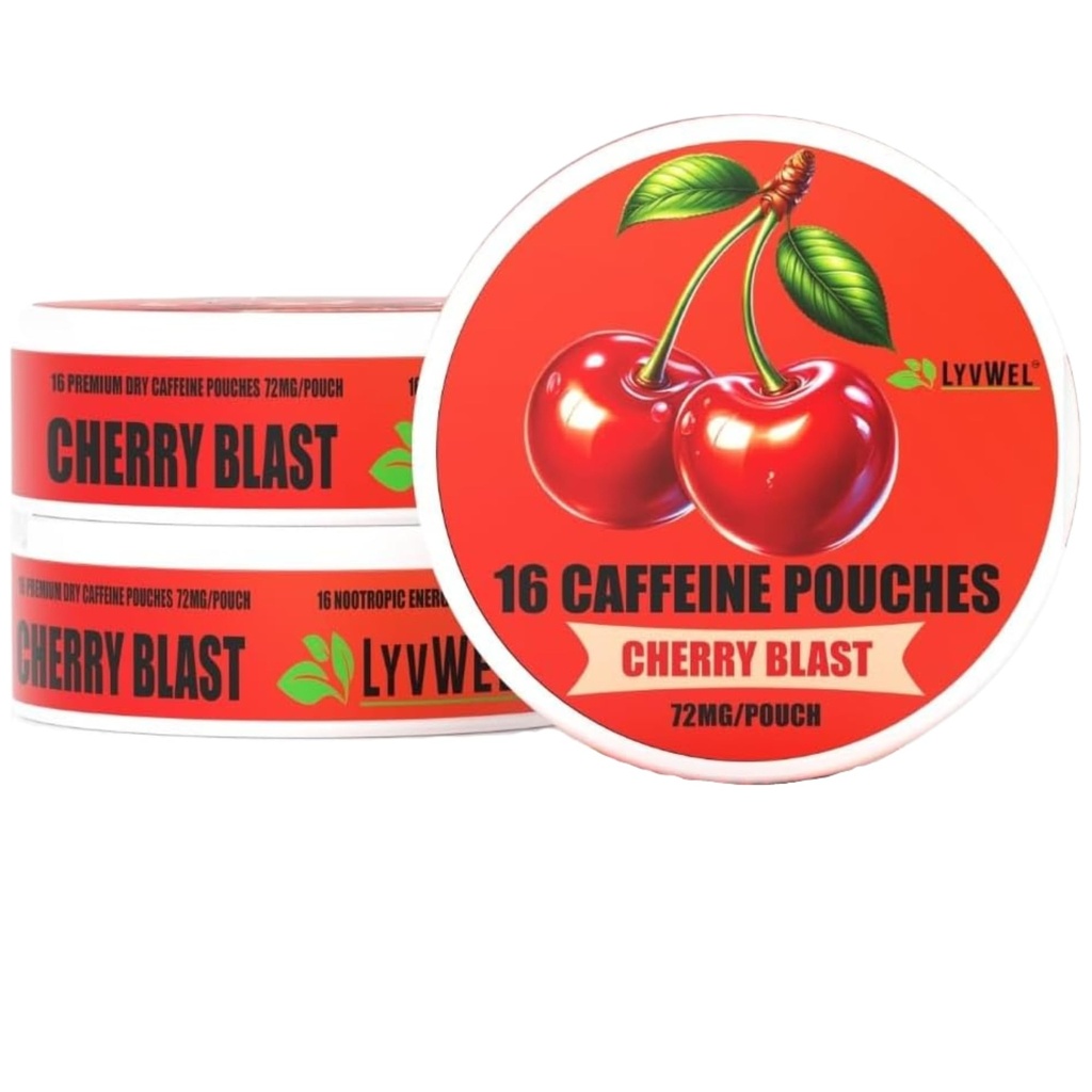 LyvWel 72mg Caffeine Energy Pouches | Nootropic Focus & Neuro Support | 3-Pack with 16 Pouches Per Can | Tobacco-Free, Nicotine-Free, Quick Energy Solution (3 Pack, Cherry Blast)