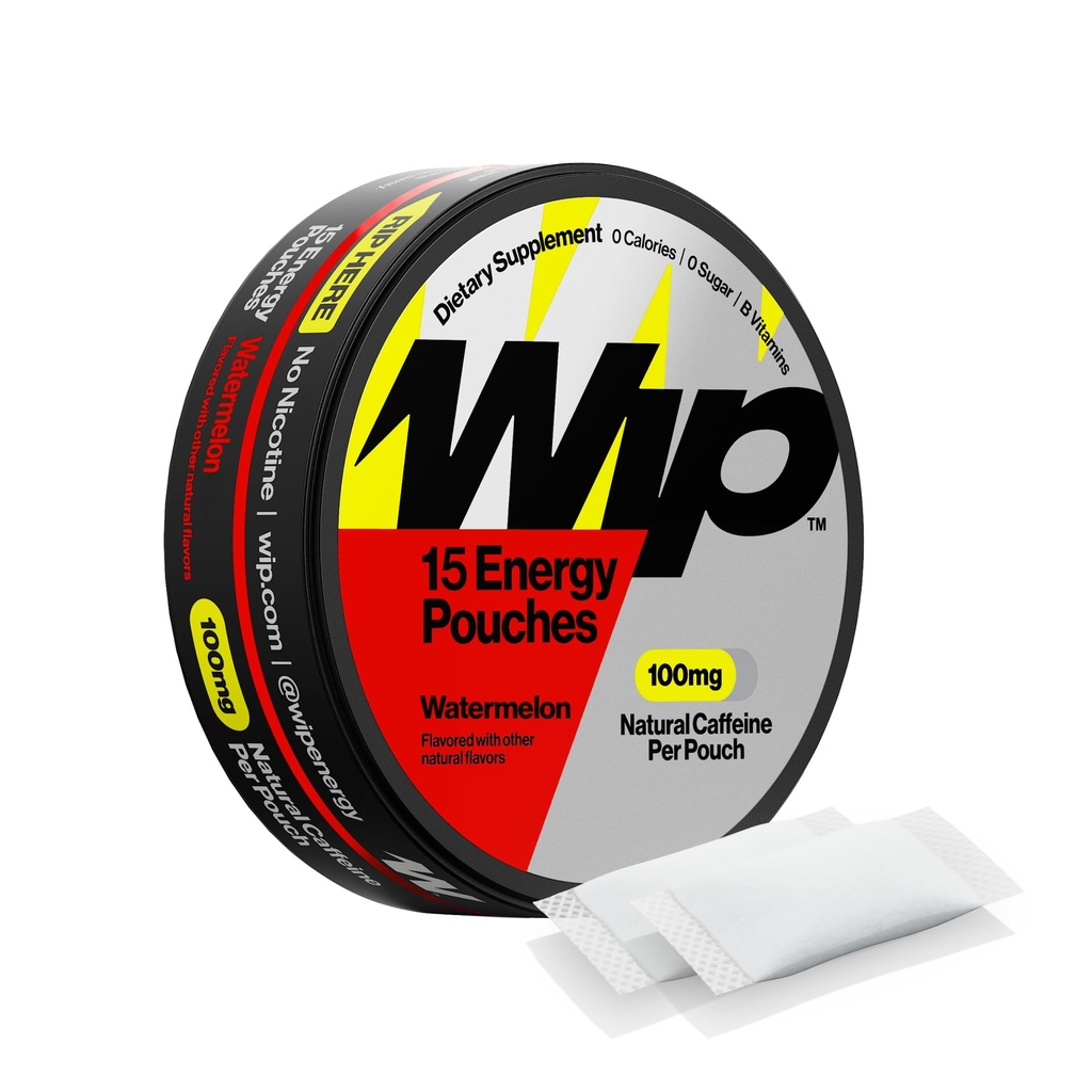Wip Energy Pouches, Sugar Free Blend with 100 MG Natural Caffeine, B Vitamins, Minerals & L Theanine for Energy Support, Pre Workout for Active Lifestyles, Watermelon, 1 Can, 15 Pouches Each