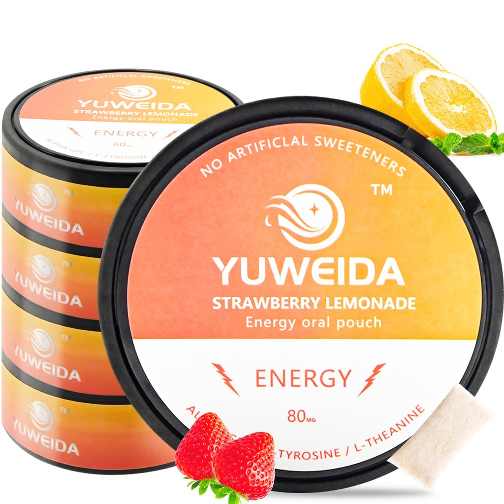 Caffeine Energy Pouches with 80mg Caffeine, Alpha GPC, L-Tyrosine & L-Theanine, 15 Nicotine Free Pouches per Can, 5 Pack (Strawberry Lemonade)