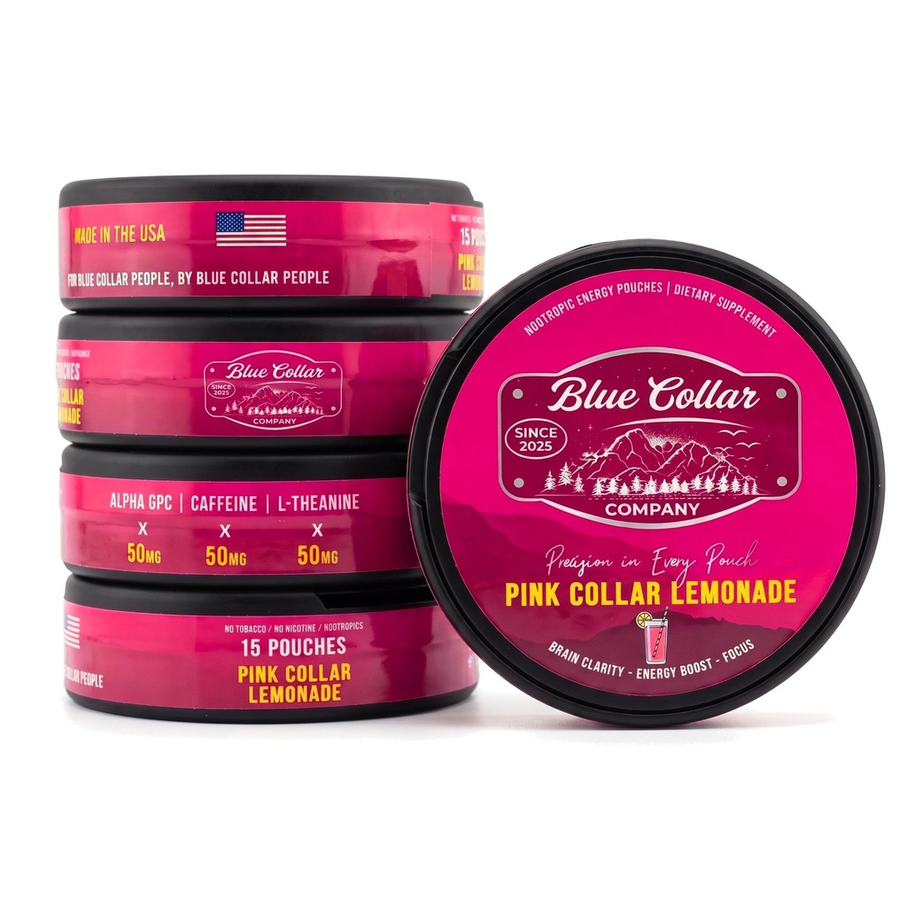 Caffeine Nootropic Pouches (Pink Collar Lemonade) - Energy Pouches with 50mg Caffeine, Alpha GPC, No Sugar or Artificial Sweeteners - 15 Pouches Per Can - 5 Pack