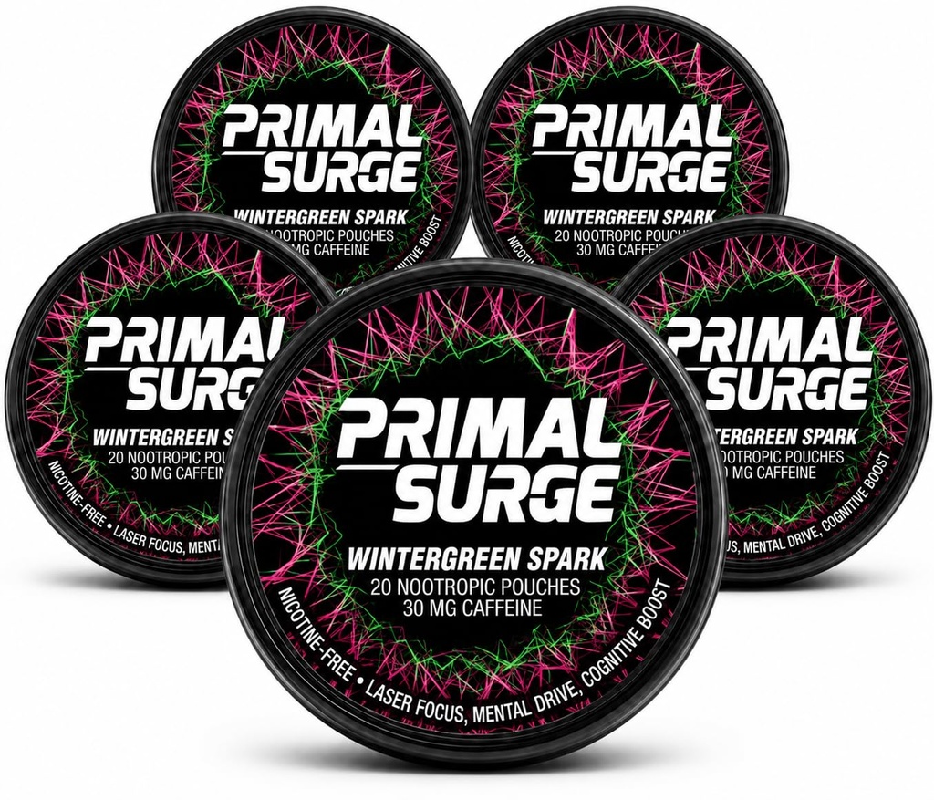 Caffeine Nootropic Pouches - Primal Surge Energy Pouches with 30mg Caffeine, L-Tyrosine, Taurine, Nicotine Free, No Sugar or Artificial Sweeteners - 20 Pouches - 5 Pack (Wintergreen Spark)
