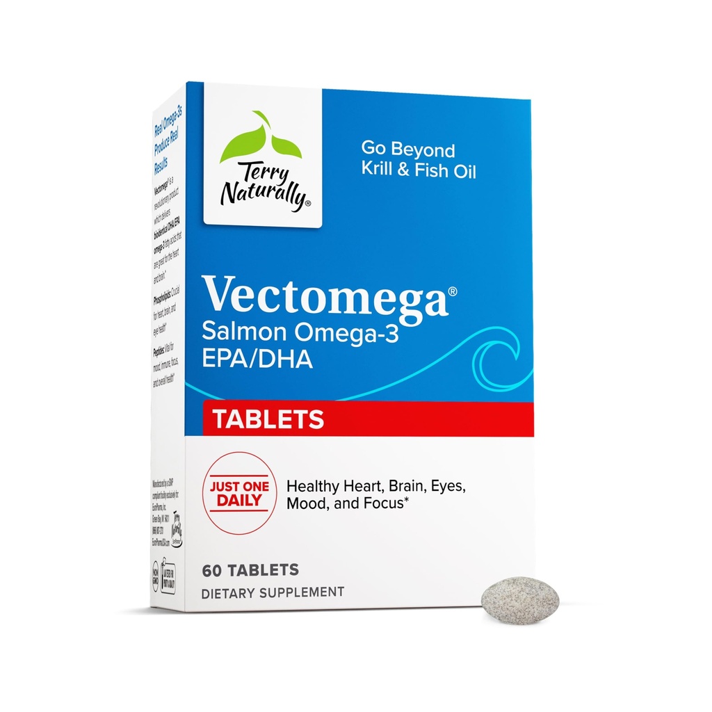 Terry naturligt Vectomega - tillæg med EPA & DHA - Omega-3 tabletter til hjerne & hjerte sundhedsstøtte - næringstilskud med essentielle fedtsyrer & peptider - 60 tabletter