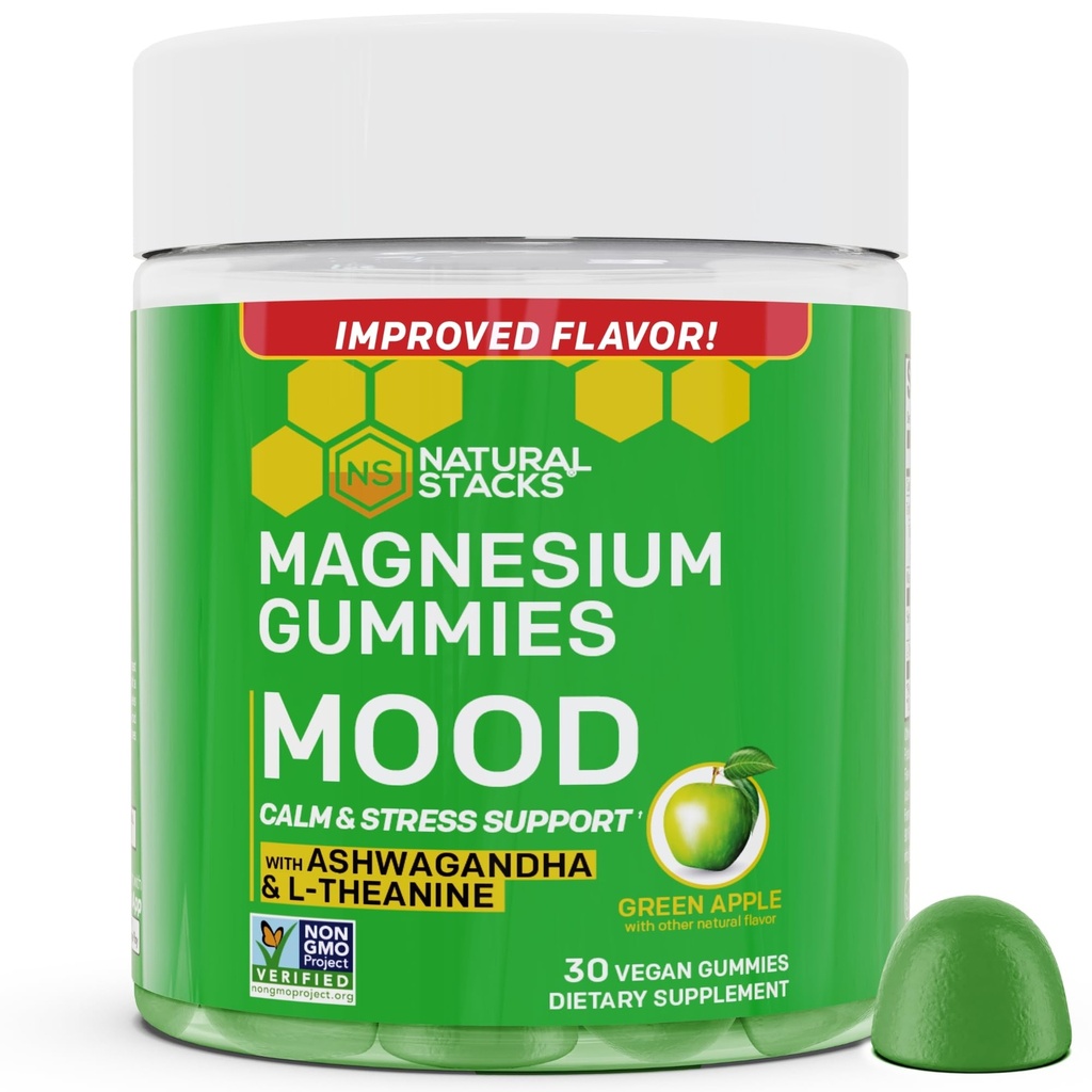 Mood Magnesium Gummies - 200mg Magnesium Citrate & 125mg Sensoril Ashwagandha Gummies - med L Theanine for Calm & Stress Support - Mag Citrate og Ashwagandha Supplement - 30 Green Apple Chewables