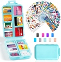 14 Grids Travel Pill Organizer Box med 415-Pcs Medicine Navn Labels - Pocket Daily Apotacy Case Container Kit - Travel Medication Holder Dispenser for Fish Oil Vitamin Supplement Storage - Sky Blue