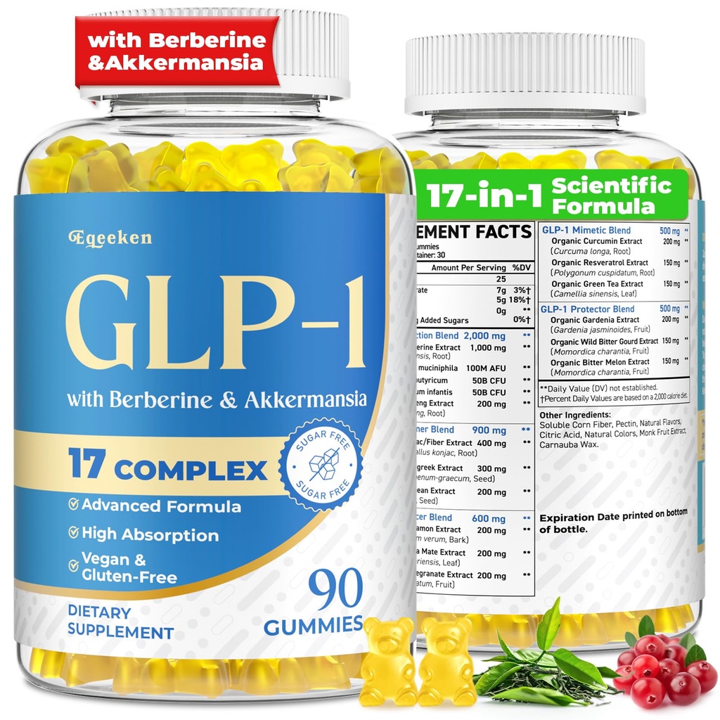 GLP-1, GLP-1 Supplement for Women & Men | 17-in-1 Scientific Formula GLP1 Gummies with Berberine, Akkermansia for Nutrient Absorption, Metabolism Digestion & Gut, No Stomach Discomfort, 90 Gummies