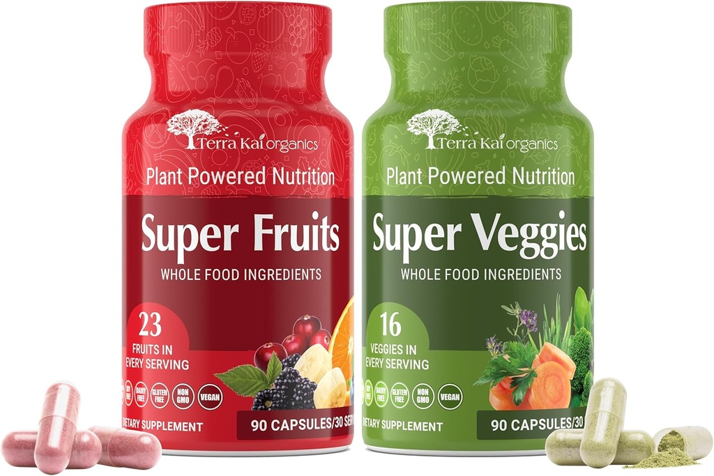 TERRA KAI ORGANICS Juce Original Formel - Super Fruit & Veggies Supplement - Gluten / Gelatine Free, Soy Free & Vegan- Red & Greens Superfood Capsules - 23 Frugter & 16 Grønsager (180 Tæl)