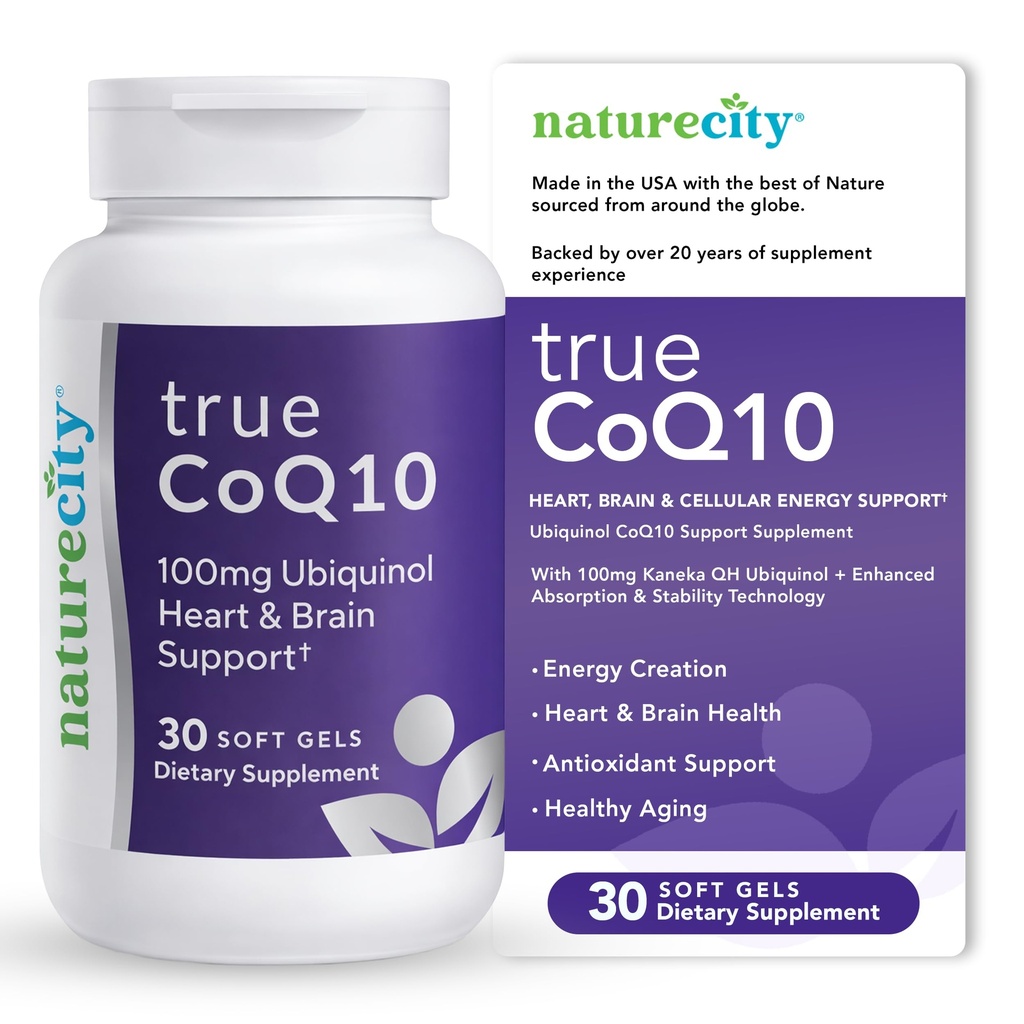 NatureCity True- CoQ10 Ubiquinol 100 mg Højt Absorberet og Stabiliseret Kaneka QH CoQ10 Heart, Brain og Cellular Energy Supplement - (30 Soft Gels) Active CoQ10 som Ubiquinol