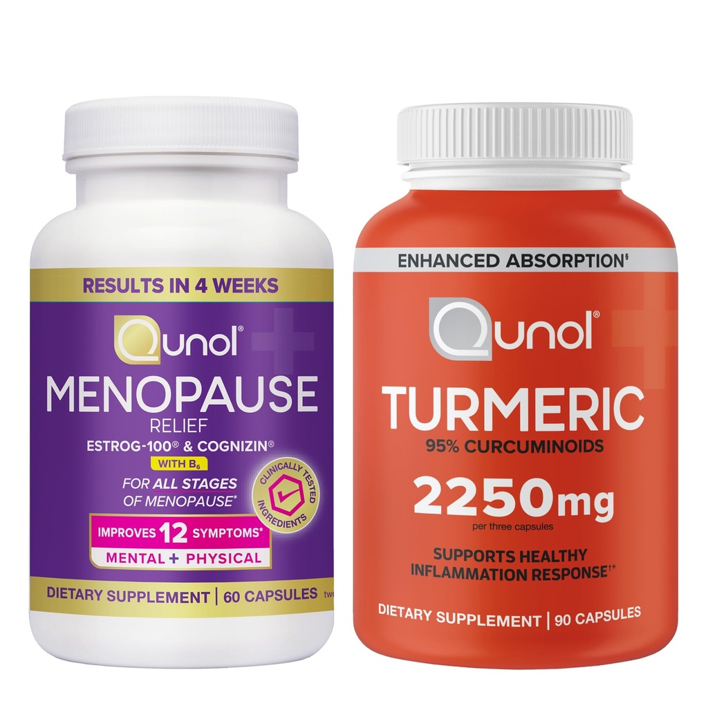 Qunol Turmeric Curcumin 2250mg Softgels, 90 Count + Menopause Relief + Vitamin B6 Capsules, 60 Count