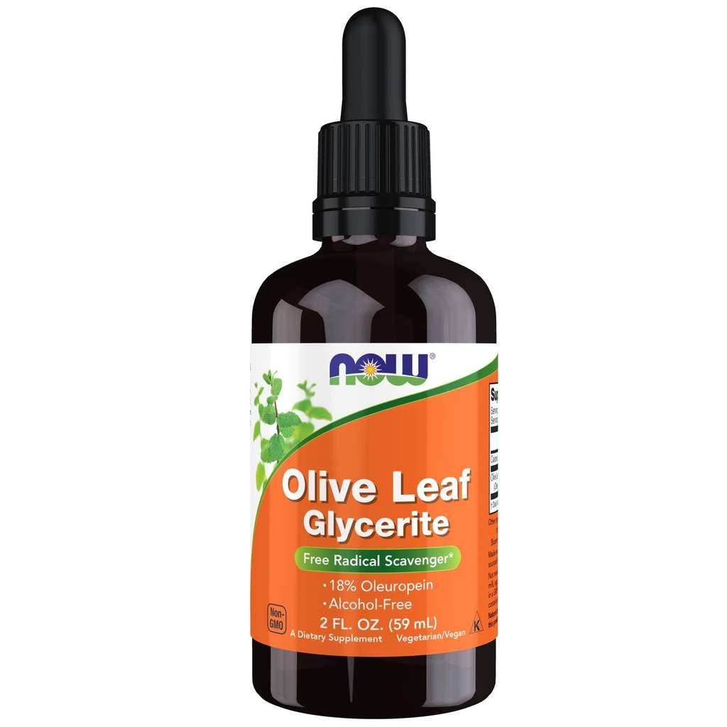 Now Foods Supplements, Olive Leaf Glycerite Liquid, 18% Oleuropein, Dropper inkluderet, Gratis Radical Scavenger *, 2-Ounce