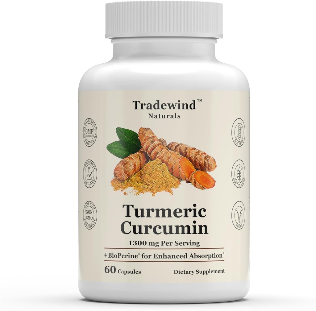 Gurkemeje 1300mg - Premium Gurkemeje med 95% Curcuminoider & BioPerine Black Pepper Extract - Forbedret Absorption - Non- GMO - 60 Vegetabilske kapsler - Lavet i USA