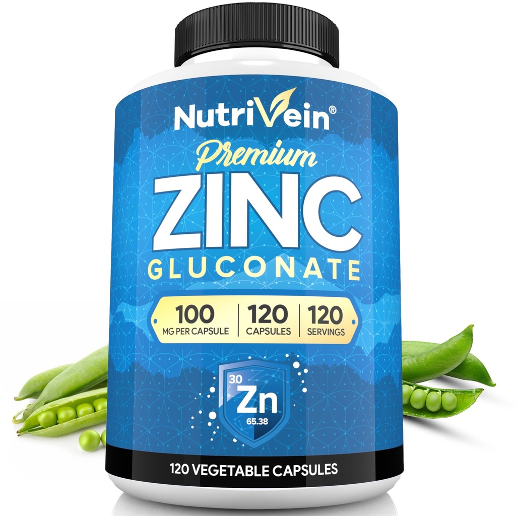 Nutrivene Premium Zink Gluconat 100mg - 120 Kapsler: High- Absorption Zink Gluconat Kosttilskud til Whole- Body Well- Being - Væsentlige elementer for Wellness