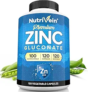 Nutrivene Premium Zink Gluconat 100mg - 120 Kapsler: High- Absorption Zink Gluconat Kosttilskud til Whole- Body Well- Being - Væsentlige elementer for Wellness