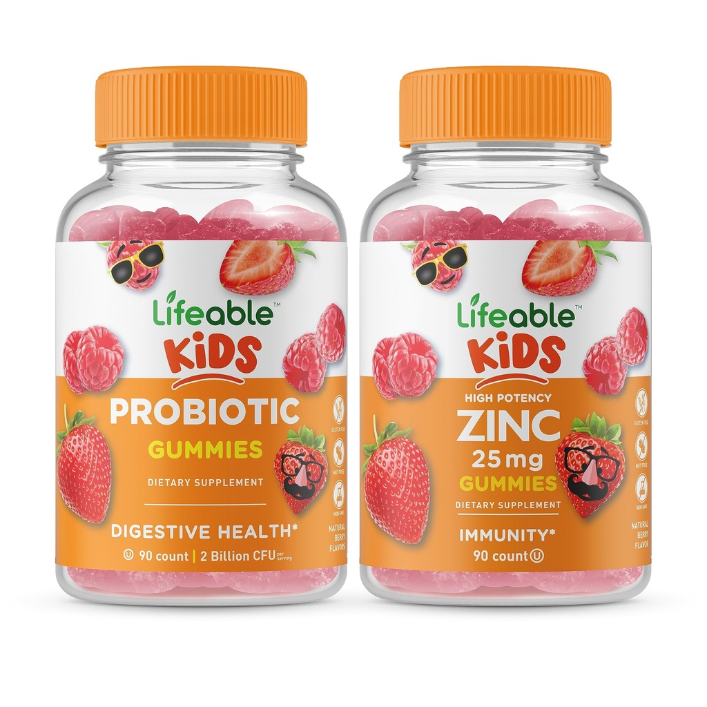 Livbare Probiotiske 2 Millioner CFU Kids + Zink 25mg Kids, Gummies Bundle - Great Tasting, Vitamin Supplement, Gluten Free, GMO Free, Chewable Gummy
