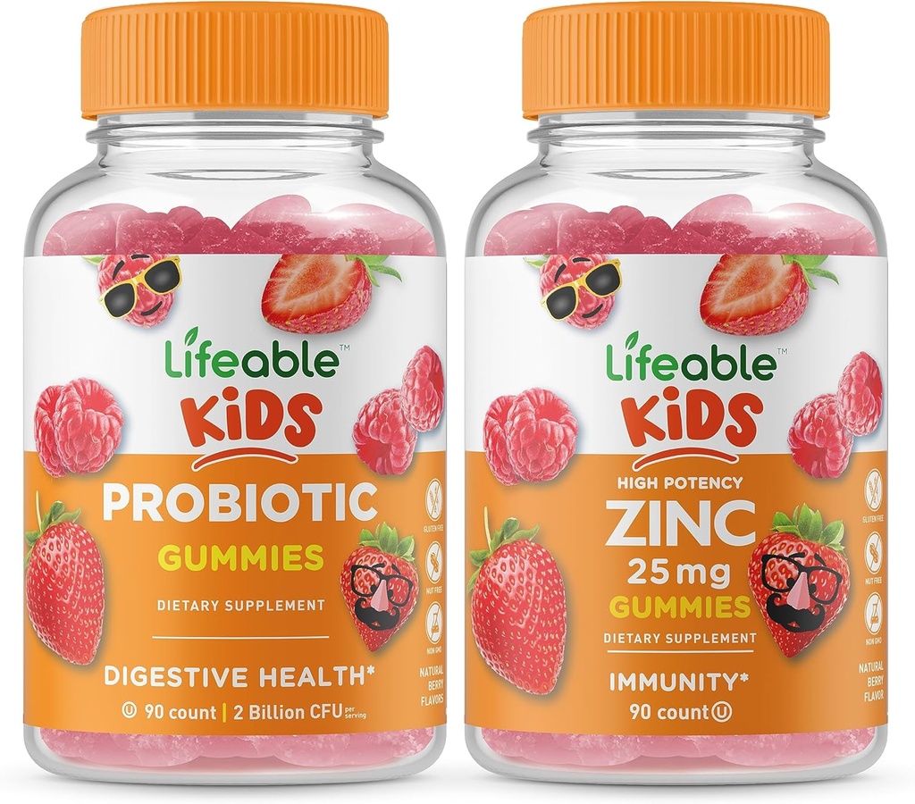 Livbare Probiotiske 2 Millioner CFU Kids + Zink 25mg Kids, Gummies Bundle - Great Tasting, Vitamin Supplement, Gluten Free, GMO Free, Chewable Gummy