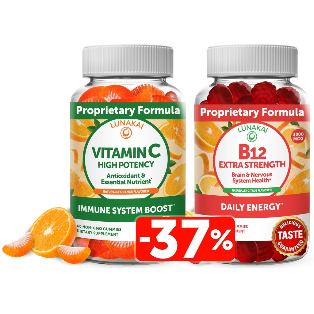 Lunakai Vitamin C and Vitamin B12 3000 mcg Gummies Bundle for Adults - Organic VIT C Vegan Chewable Gummy Vitamins - Energy Support and Bone Health