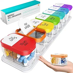 Odaro Ekstra Stor Ugentlig Pill Organizer, XL Pill Box 7 Dag Am Pm, Jumbo Medicin Organizer 2 gange en dag til at holde daglige medicin Vitamin og kosttilskud - Rainbow