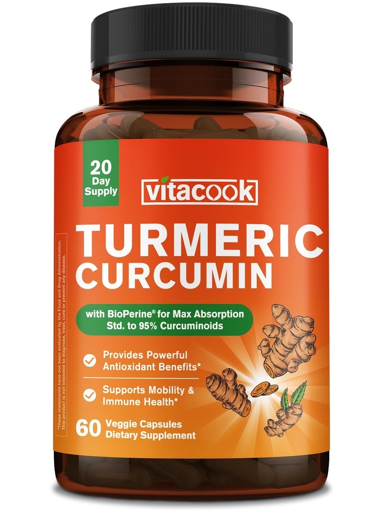 Turmeric Curcumin Supplement with BioPerine Black Pepper, 1950mg, 95% Curcuminoids, Ultra Potency, Maximum Absorption, Non-GMO, Mobility and Immune Health, Antioxidant Support, 60 Veg Caps