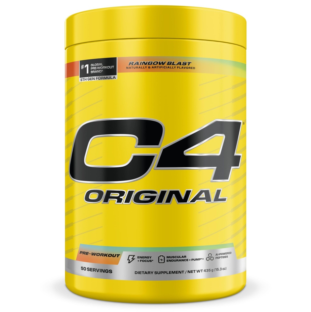 C4 Original Pre Workout – Pre-Workout for Endurance, Focus & Performance with 200mg Caffeine, Beta-Alanine, Creatine Nitrate, L-Arginine & PeptiPump – Sugar Free, 50 Servings, Rainbow Blast