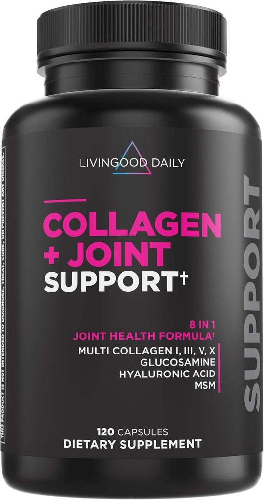 Livingood Daily Collagen + Joint Support, Grass Fed Multi Collagen Peptider I III V X med Hyaluronic Acid, Joint Support for Women & Men, Hir Skin Nails, Keto & Gluten Free, 120 Kapsler