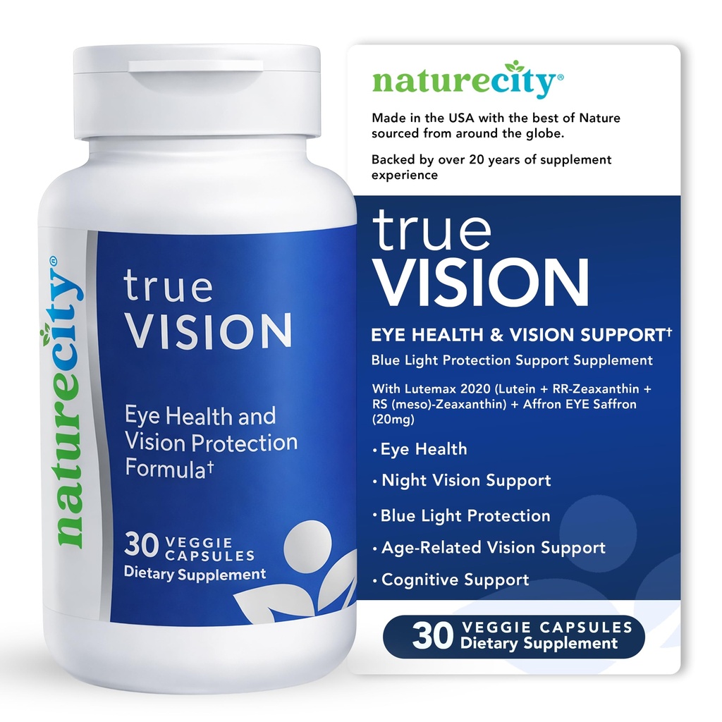 NatureCity True- Vision Eye Health Supplement - Plant- baseret Lutein og Zeaxanthin med høj potens Saffron 20mg - Blue Light Protection, Support Central and Night Vision (30 Veggie Kapsler)