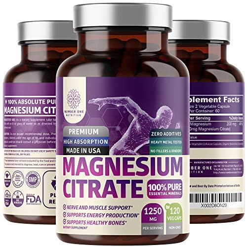 Pure Magnesium Citrate kapsler 1250mg, Let Absorberet og Renset spor Mineral til muskel og fordøjelse Support, 120 Caps