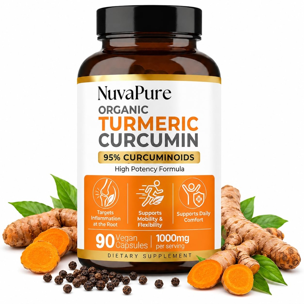 Nuvapure Turmeric with Black Pepper, Nuvapure Turmeric 1000mg, Reduce Joint Stiffness, Discomfort, Long-Term Wear, Daily Joint and Immune Health Support, 90 Count (1 Bottle)