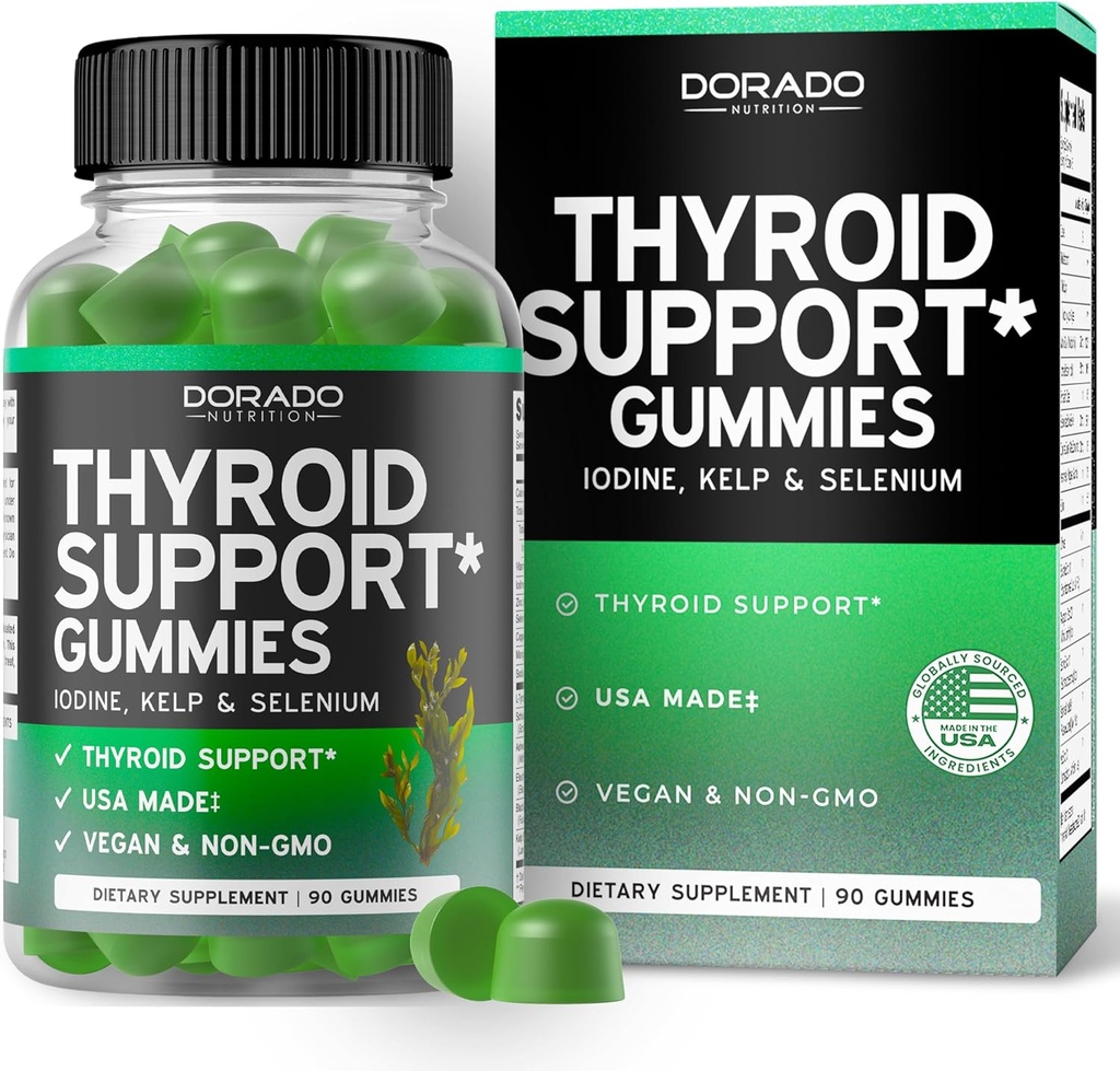 Thyreoideastøtte til kvinder og mænd (90 Gummies) Ashwaganda, jod, Bladderwrack, Kelp, & Schisandra - Support Supplement - Lækker Apple Flavor - Non- GMO, Vegan & Gluten- Free (90 Greve)