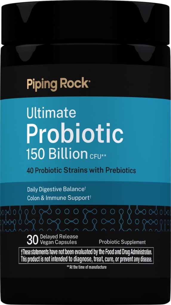 Piping Rock Ultimate Probiotic 150 Billion CFU | 30 Capsules | 40 Probiotic and Prebiotic Strains | Daily Digestive Balance | Non-GMO, Gluten Free