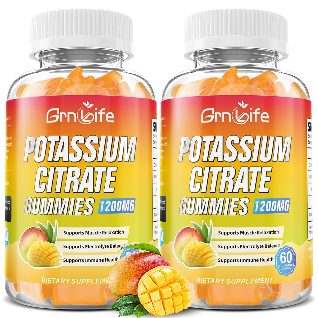 Kalium Citrate Gummies, High Kalium Supplement Gummies 1200mg Support Leg Cramp & Muscle Health, Kalium Gummies for voksne & Børn, Vegan, Mango Flavor 120 Tæl