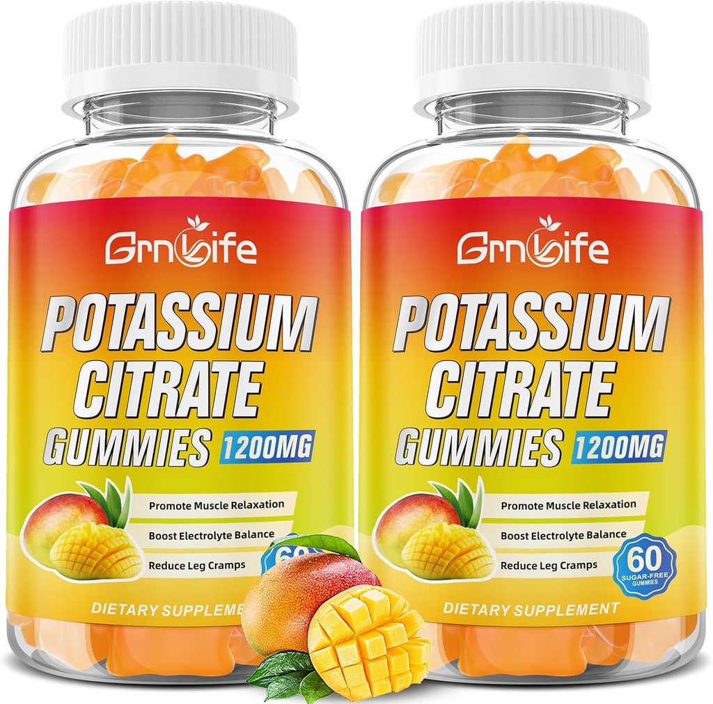 Kalium Citrate Gummies, High Kalium Supplement Gummies 1200mg Support Leg Cramp & Muscle Health, Kalium Gummies for voksne & Børn, Vegan, Mango Flavor 120 Tæl