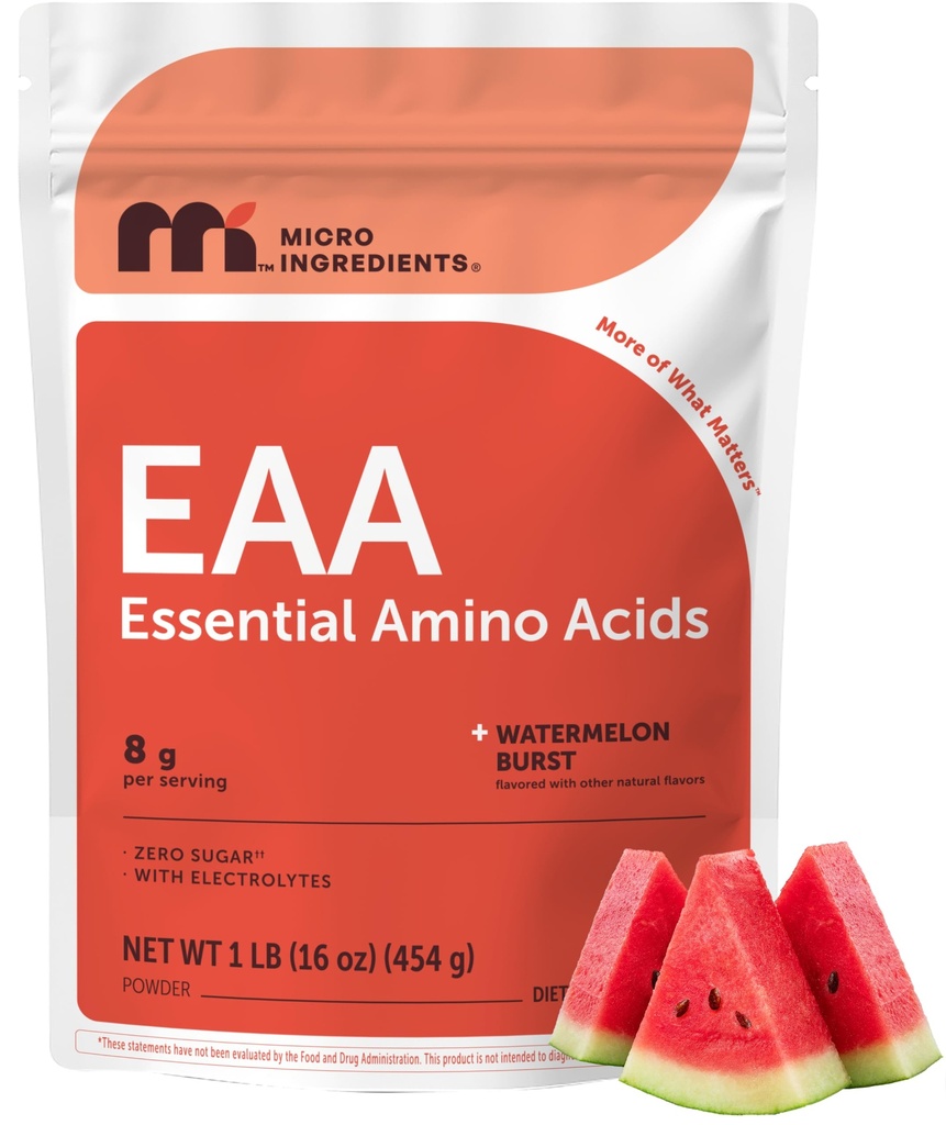 EAA + BCAA Powder | All 9 Essential Amino Acids + Electrolytes, Watermelon | Intra & Post Workout, Muscle Recovery Support* | 8g Per Serving, Sugar Free | 2:1:1 BCAA | 37 Servings | Non-GMO