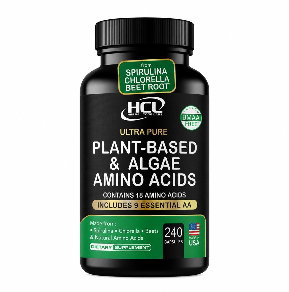 HCL HERBAL CODE LABS Essential Amino Acids Plant Based Supplement | All 9 EAAs & BCAAs | from Organic Spirulina, Chlorella & Beet Root | Made in USA | Vegan Amino Acids Capsules