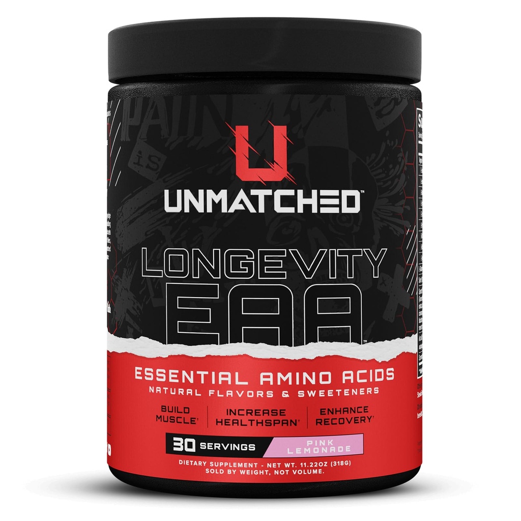 Unmatched Longevity EAA Essential Amino Acids | Muscle Build & Recovery | Performance & Health-Span Benefits | Natural Flavors & Sweeteners | 30 Servings (Pink Lemonade)