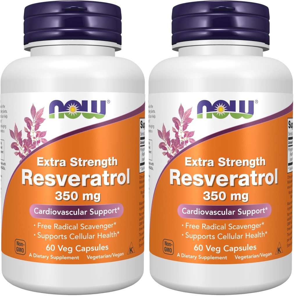 NOW Foods Supplements, Extra Strength Resveratrol 350mg, Natural Trans Resveratrol from 700 mg Japanese Knotweed Extract, 60 Veg Capsule, (Pack of 2)