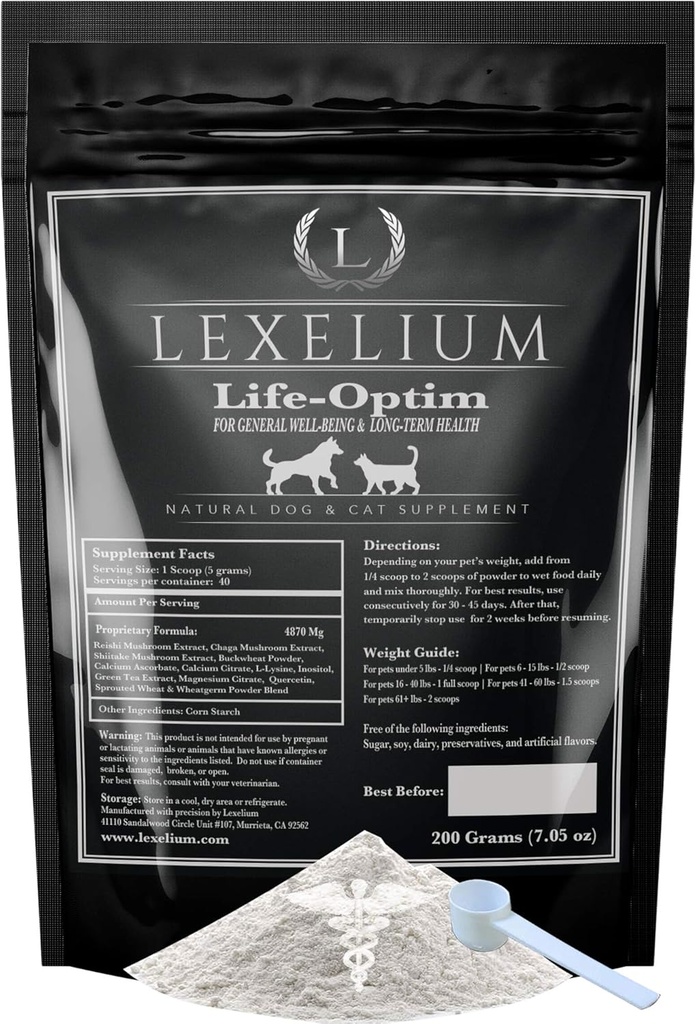 Life- Optim Terminal Ildness Support Blend for Hunde og katte Budding124; 100% Natural Supplement Powder Budding124; Designet til at udvide og forbedre livskvaliteten Budding124; 200 Gram Powder Bag