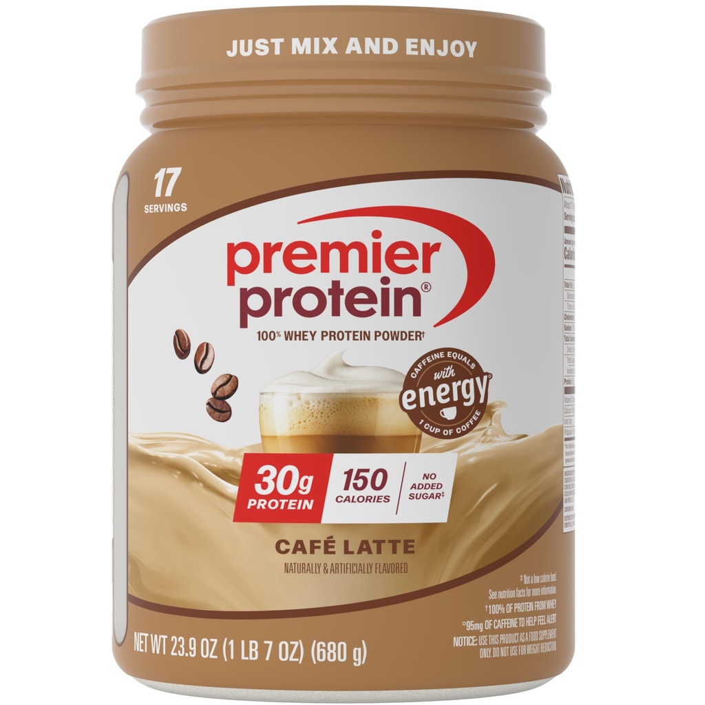 Premier Protein Powder, Café Latte, 30g Protein, 1g Sukker, 100% Whey Protein, Keto Friendly, Gluten Free, No Soy, 95mg Koffein for Energy, 23.9 oz (17 Servere)