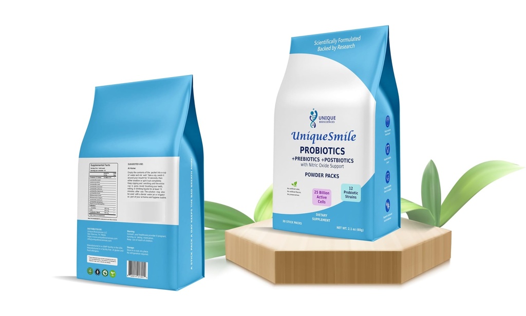 UniqueSmile™ Oral Probiotics - 12 Strain Probiotic with Prebiotics & Postbiotics for Gum Health, Fresh Breath, Dental Care - 30 Stick Packs