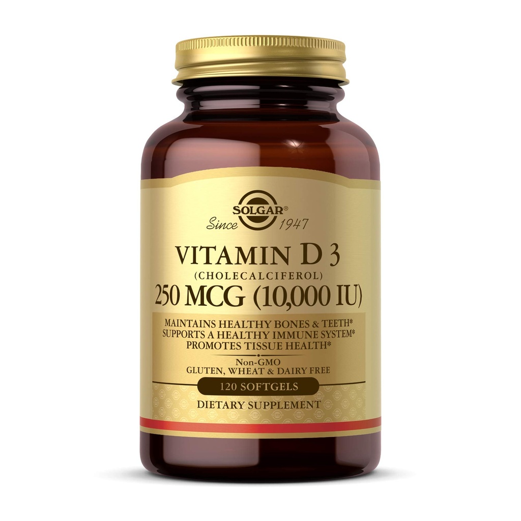 Solgar vitamin D3 (Cholecalciferol) 250 MCG (10.000 IE), 120 Softgels - Hjælper bevare sunde knogler & tænder - immunsystemet support - ikke GMO, Gluten fri, Dairy Free - 120 Servere
