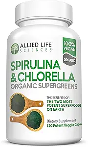 Allied Life Spirulina og Chlorella; Organic Chlorophyll Vegan Protein Powder Green Superfood
