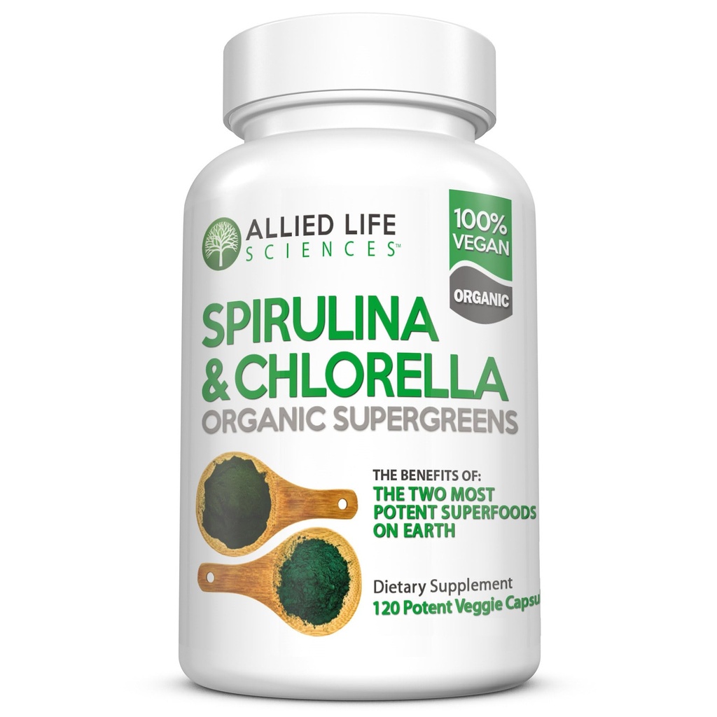 Allied Life Spirulina og Chlorella; Organic Chlorophyll Vegan Protein Powder Green Superfood