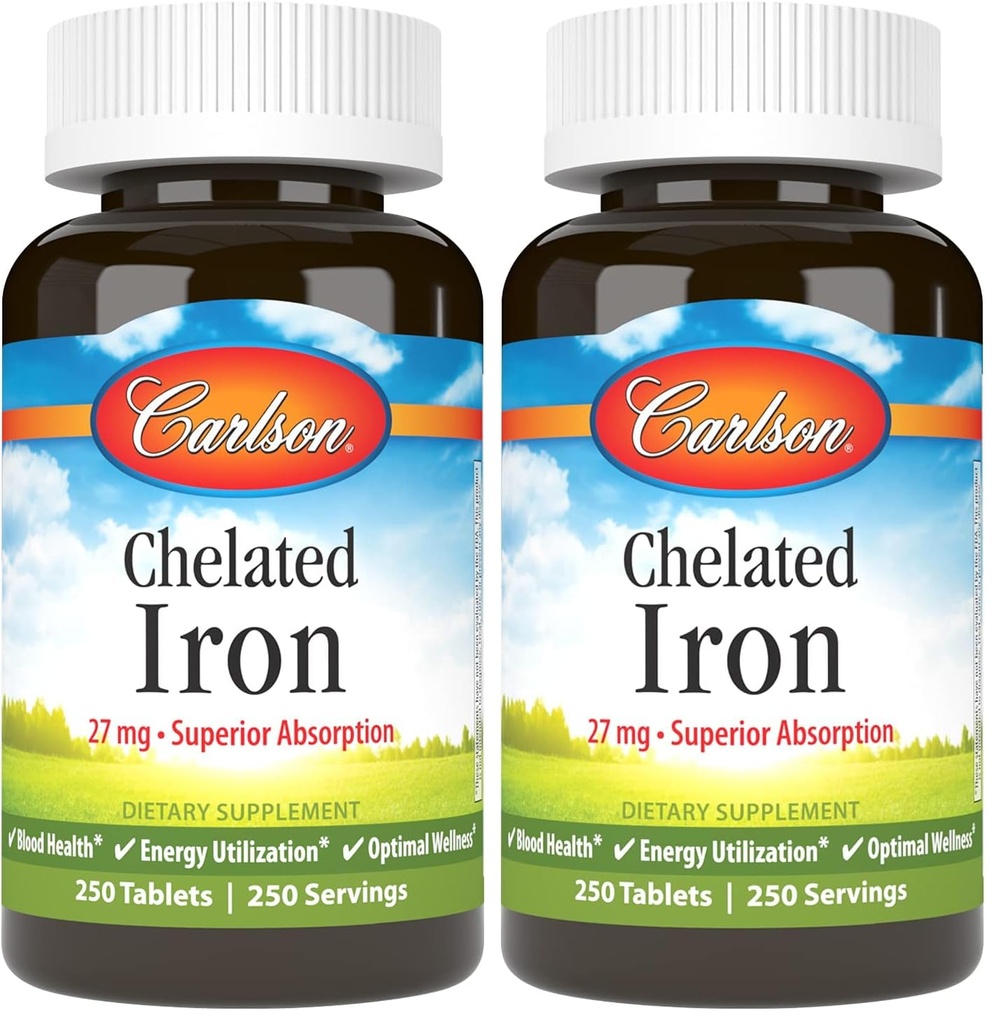 Carlson Labs Chelated Iron 27mg, 250 Tablets (Pack of 2)