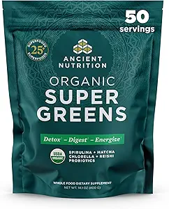 Ancient Nutrition Super Green Powder, Organic Superfood Powder med Probiotika Lavet med Spirulina, Chlorella, Matcha, og fordøjelige enzymer, 50 Servere, 14.1 oz