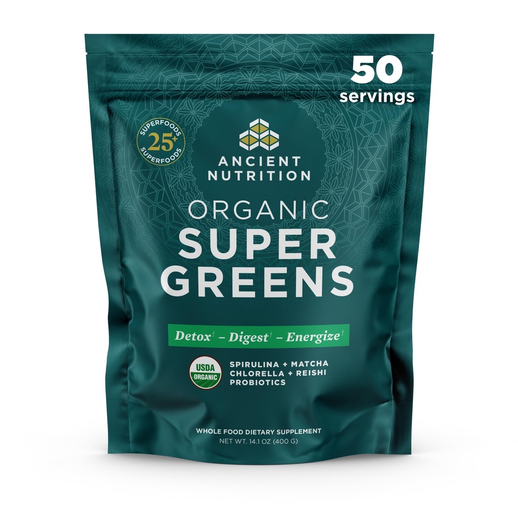 Ancient Nutrition Super Green Powder, Organic Superfood Powder med Probiotika Lavet med Spirulina, Chlorella, Matcha, og fordøjelige enzymer, 50 Servere, 14.1 oz