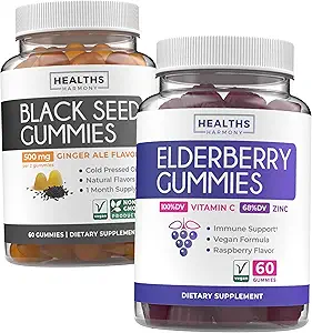 Black Seed Oil Gummies & Elderberry Gummies (1-Month Supply) Immune Boost Bites Bundles - Black Seed Oil Gummies Ginger Ale Flavor Cold-Pressed Nigella Sativa & Elderberry Gummies for Adults
