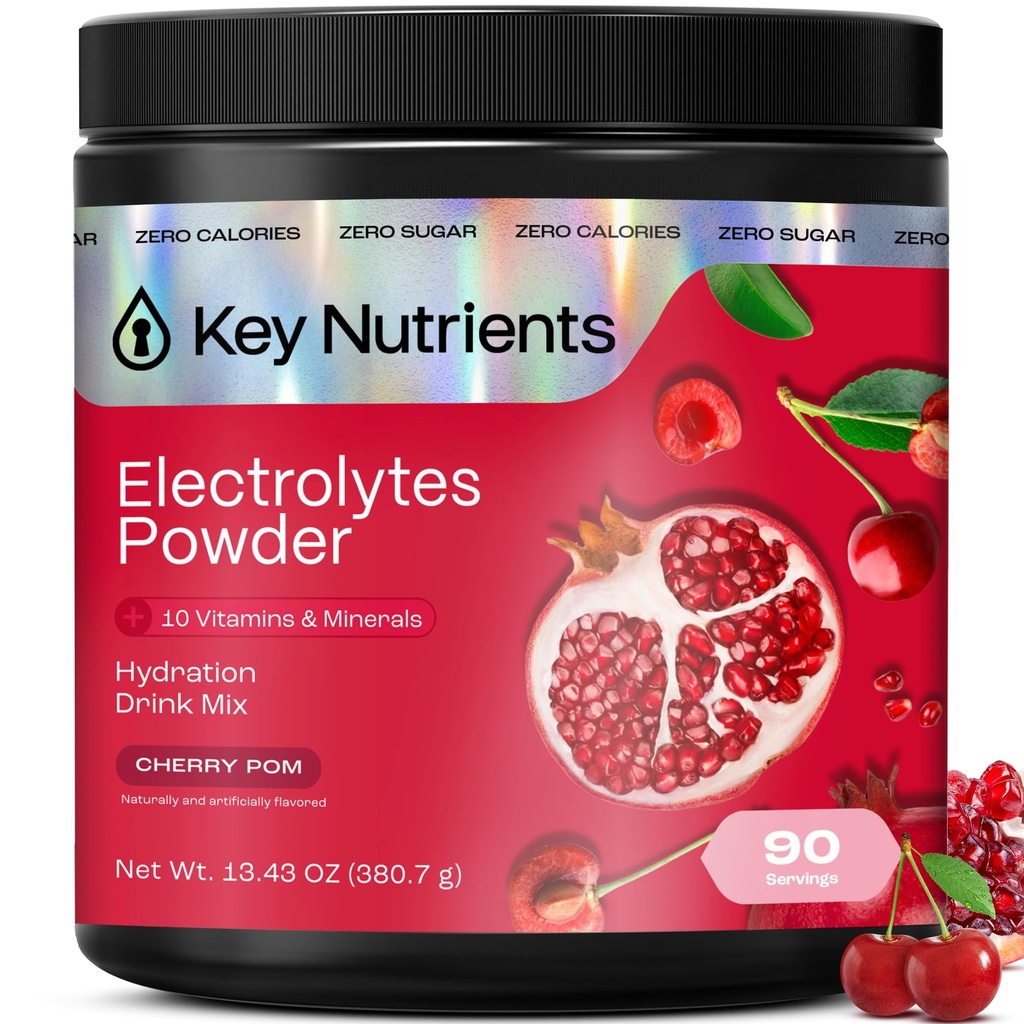 KEY NUTRIENSER Multivitamin Electrolytes Powder No Sugar - Sweet Cherry Pom Electrolyte Powder - Endurance & Energy Supplement - Hydration Powder - Ingen kalorier - 90 Servering - Made in USA
