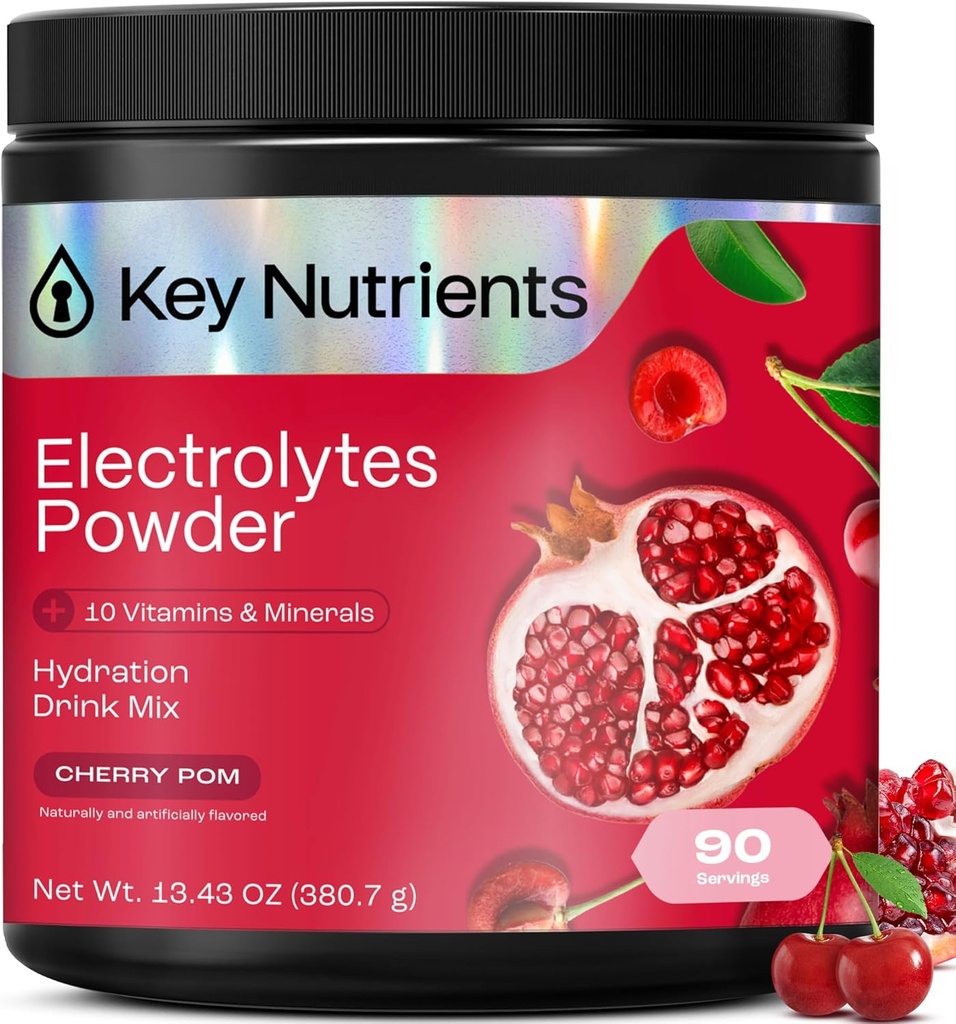 KEY NUTRIENSER Multivitamin Electrolytes Powder No Sugar - Sweet Cherry Pom Electrolyte Powder - Endurance & Energy Supplement - Hydration Powder - Ingen kalorier - 90 Servering - Made in USA